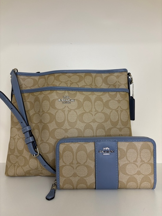 Coach Handbags - COACH Khaki Signature Crossbody and Wallet with Light Blue Trim